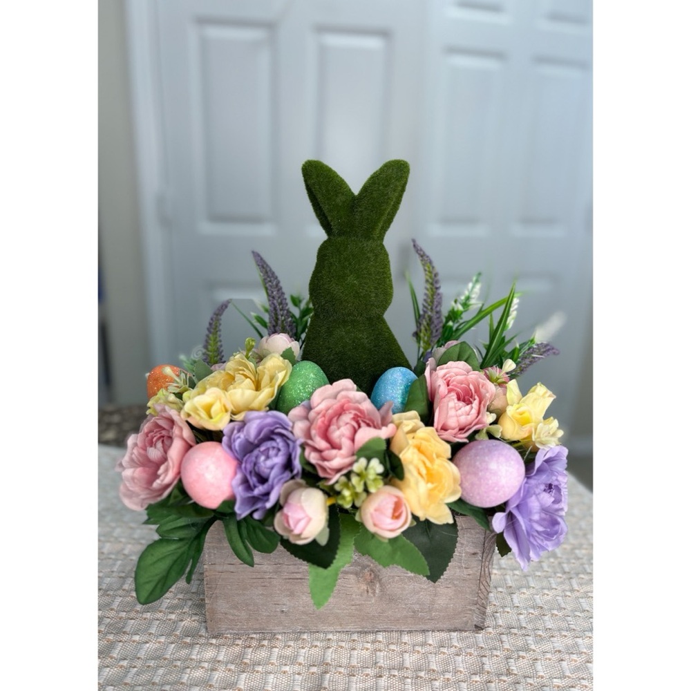 Spring Centerpiece With Flocked Bunny & Eggs Floral Arrangement Home Decor